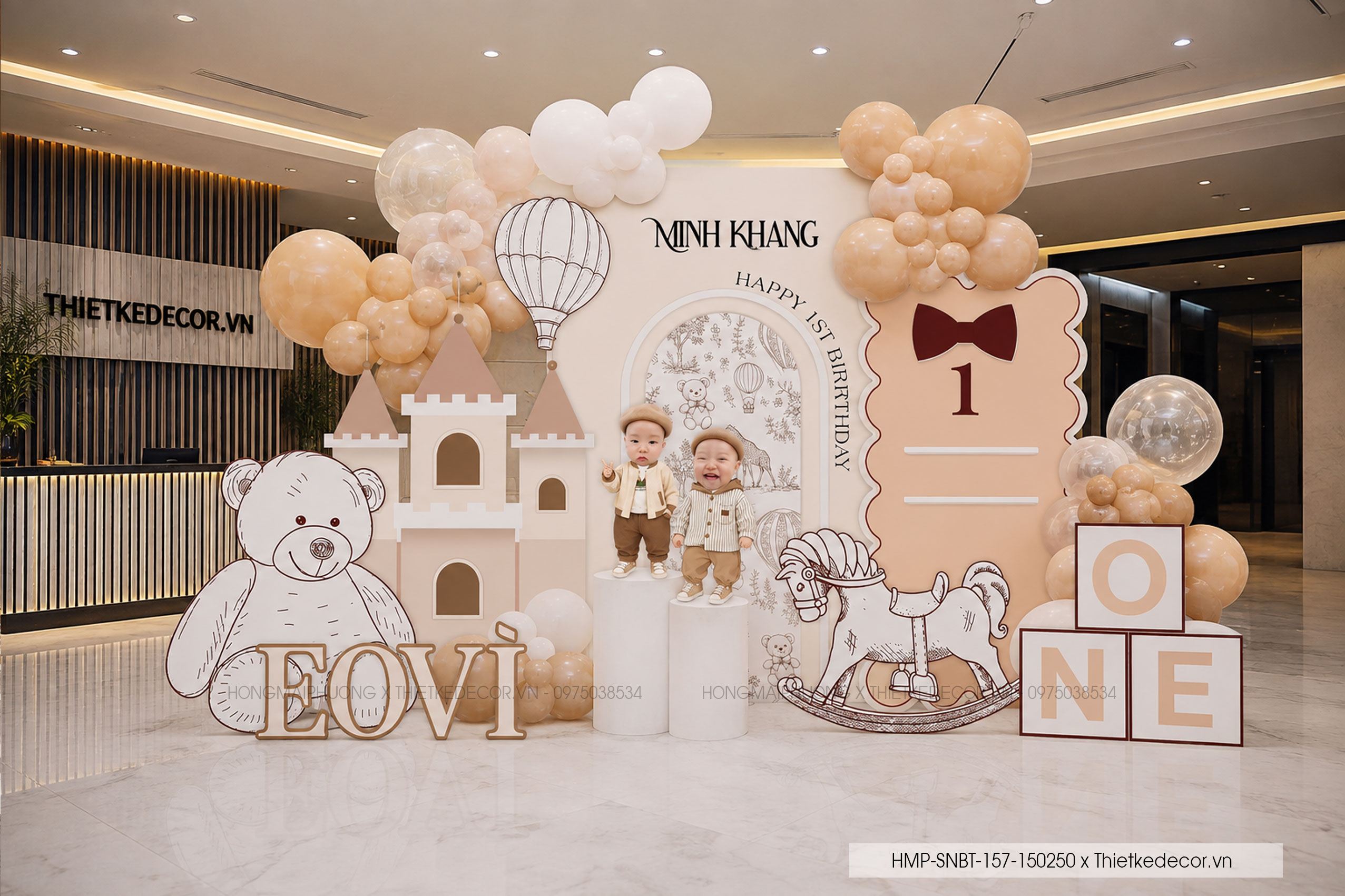 File thiết kế decor trang trí tiệc sinh nhật bé trai tuổi Rắn - Tỵ mix bong bóng cute dễ thương đáng yêu tone nâu- kem